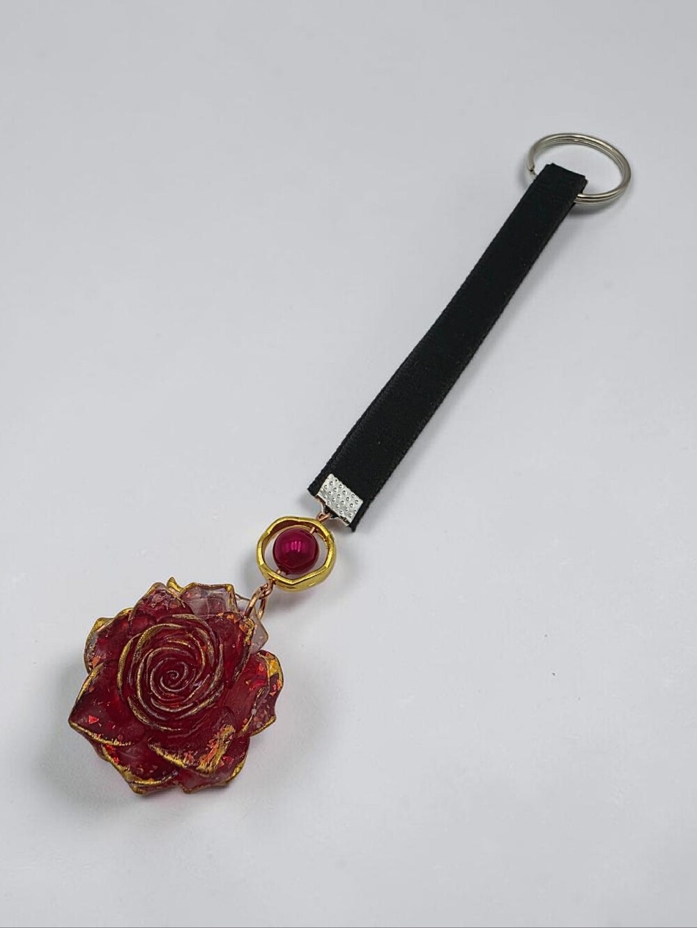 Black Strap Keychain with Red Iridescent Rose Charm Handmade Cute Bag Accessory